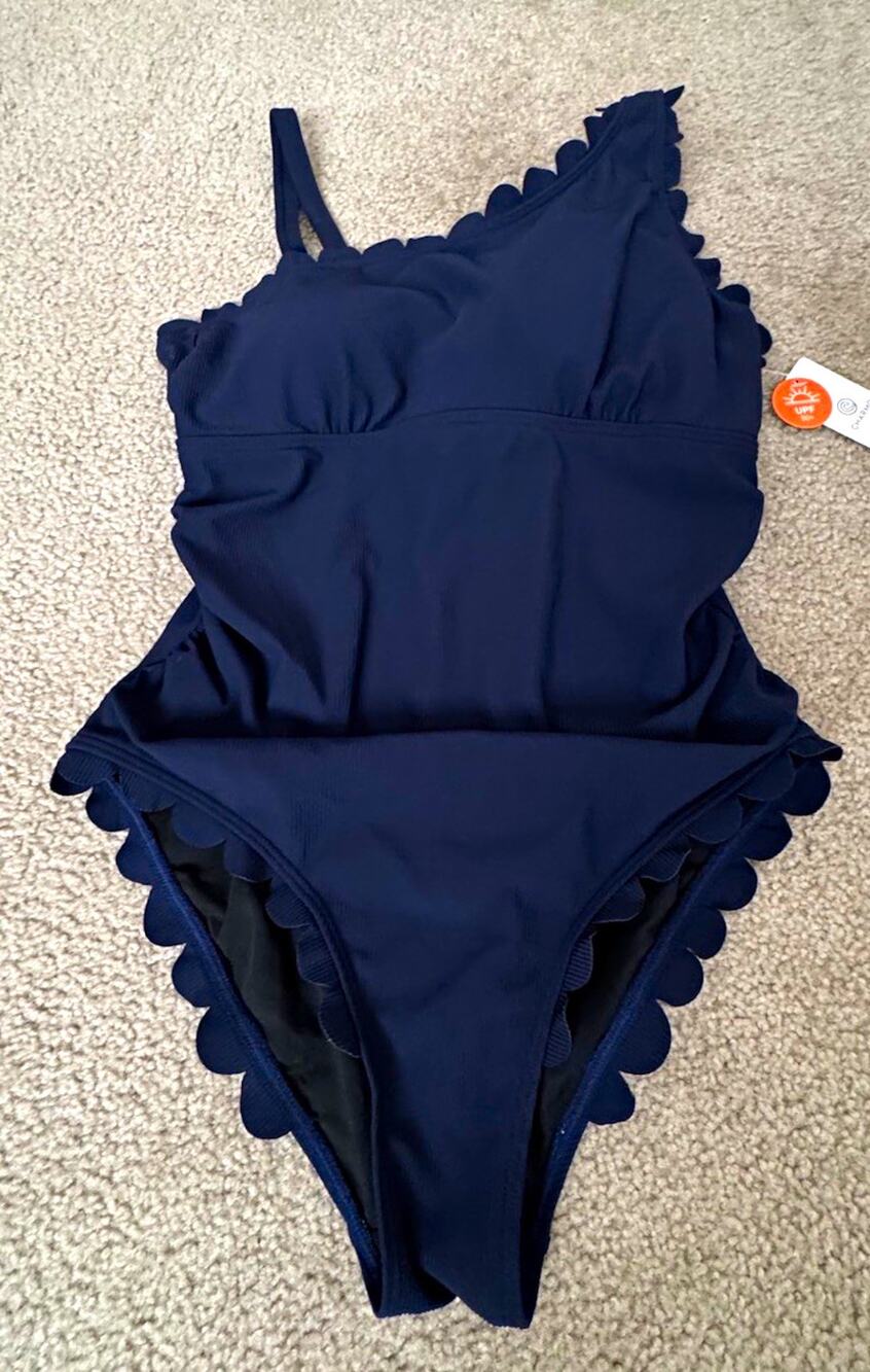Charmo Women’s XL Navy One Piece Swimsuit Padded One Shoulder Scalloped NWT